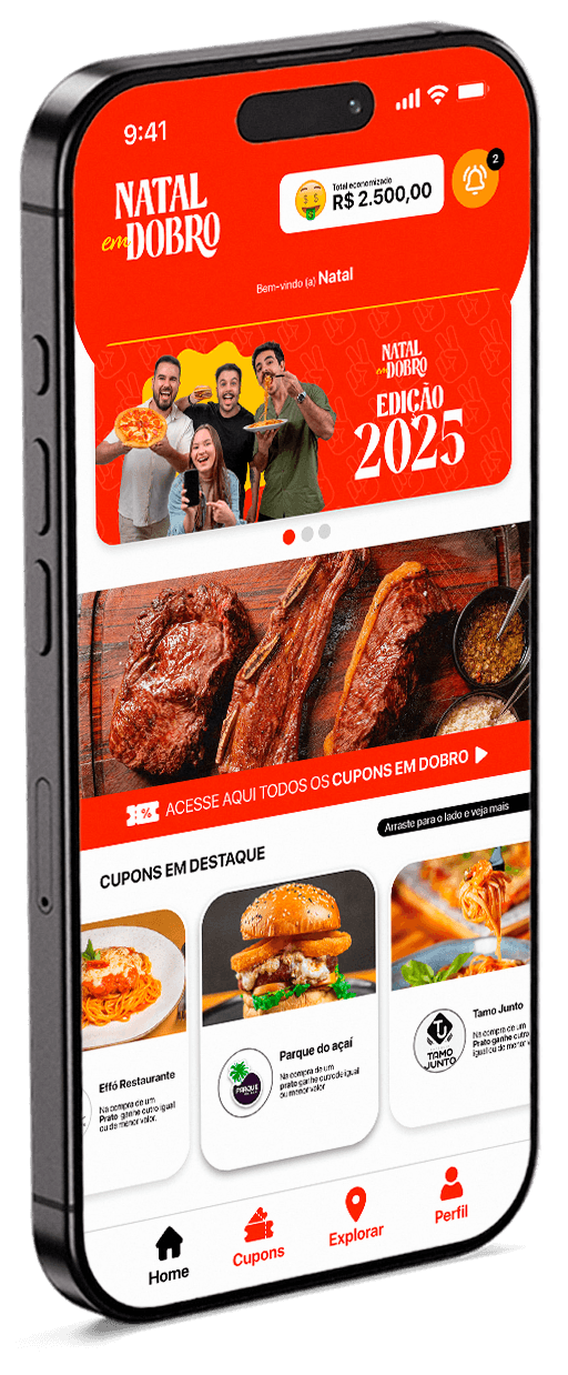App Natal em Dobro: tela inicial, mapa interativo e lista de cupons